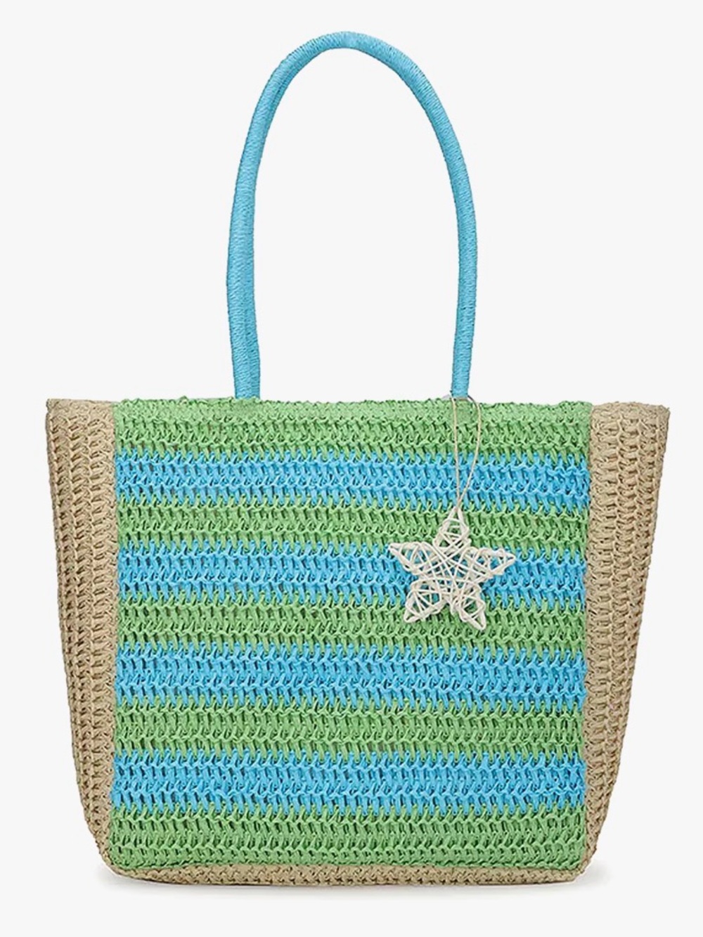 Vintage Havana Woven Straw Tote Bag with Turq and Lime Stripes. NWT